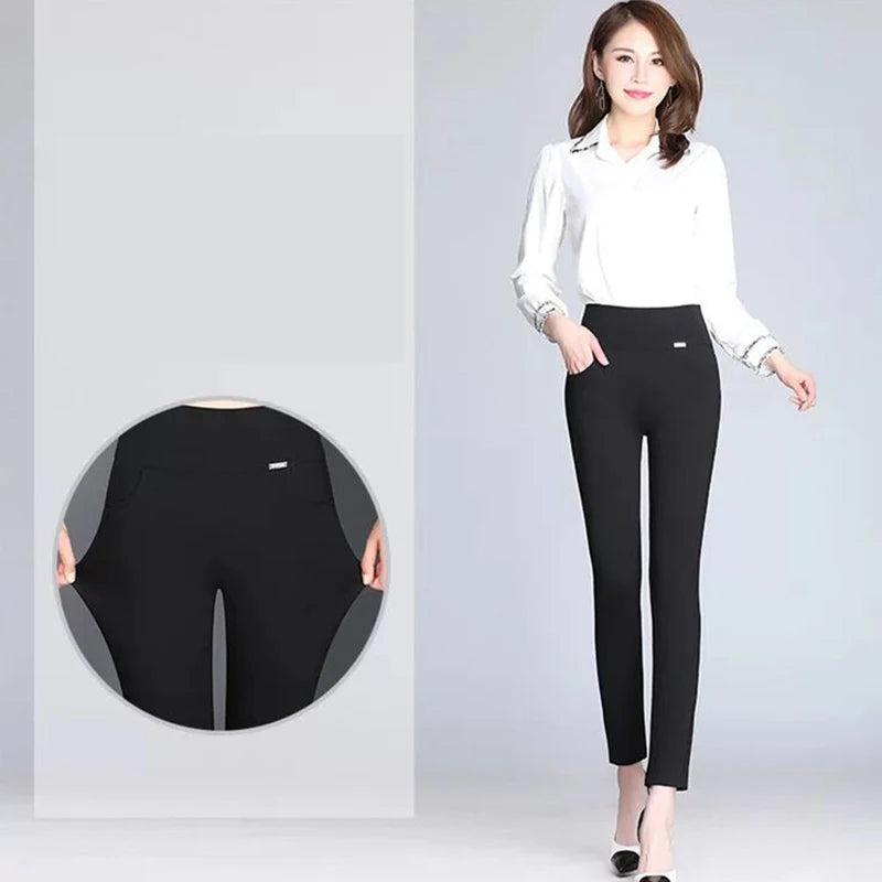 Spring New Korean Black High Waisted Elastic Leg Pencil Pants Women's Solid Pockets Versatile Fashion Casual Straight Trousers - reetell