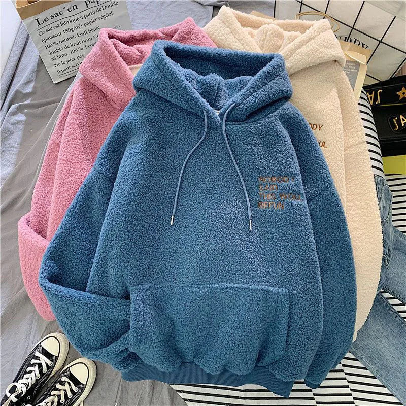 Fleece Hooded Sweatshirt Women Padded Thickened Warm Long Sleeve Pullover Preppy Style Casual Letters Winter Female Coat - reetell