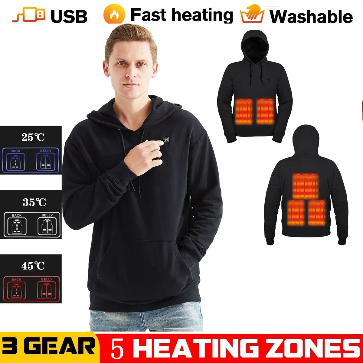 Winter Men's and women's  USB Heated hoodies Cotton Zipper Pocket Wool Thick Lovers Fall/winter Heating casual hoodies - reetell