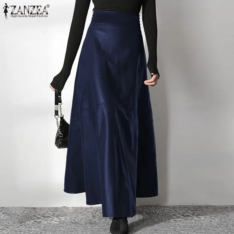 2023 Fashion Solid Mujer Faldas ZANZEA PU Leather Maxi Skirts Women's Elegant OL Long Saias Casual High Waist Zipper Jupe Femme - reetell