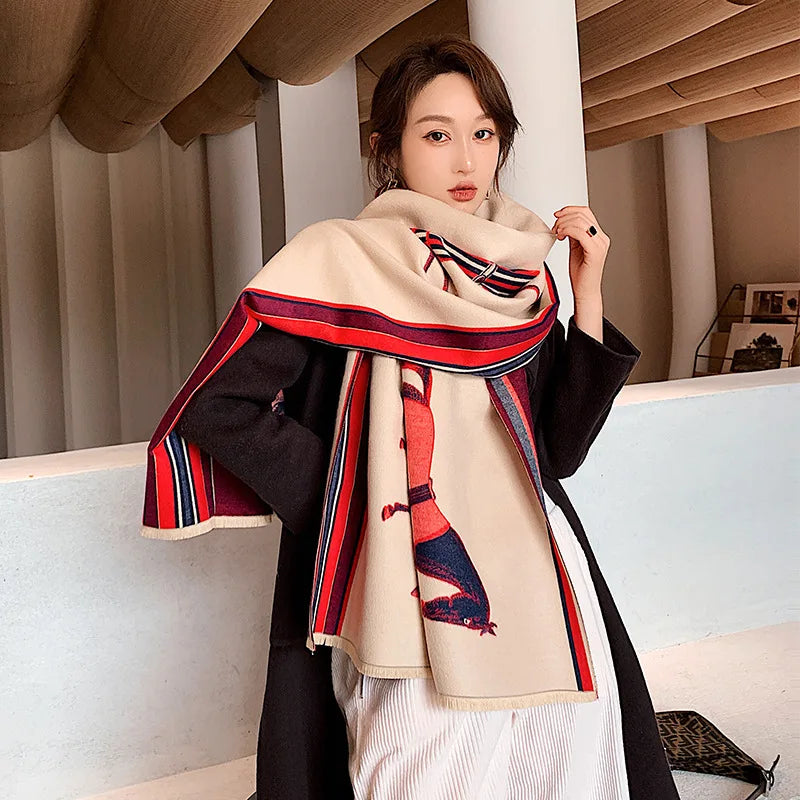 Women's Autumn Winter Horse Pattern Scarf New Luxury Cashmere Feeling Large Blanket Wrap Soft Warm Brand Shawl Retro & Classical - reetell