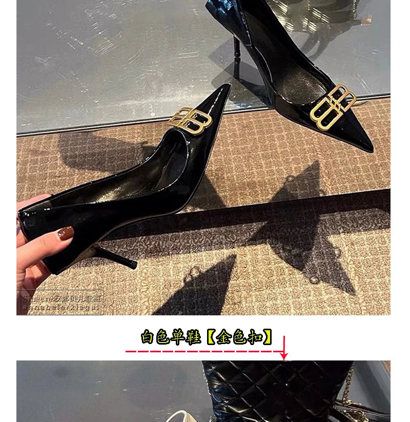 2024 New Pointed Black High Heels, Women's Thin Heels, Water Diamonds, One Line with Baotou Sandals and Button Single Shoes - reetell