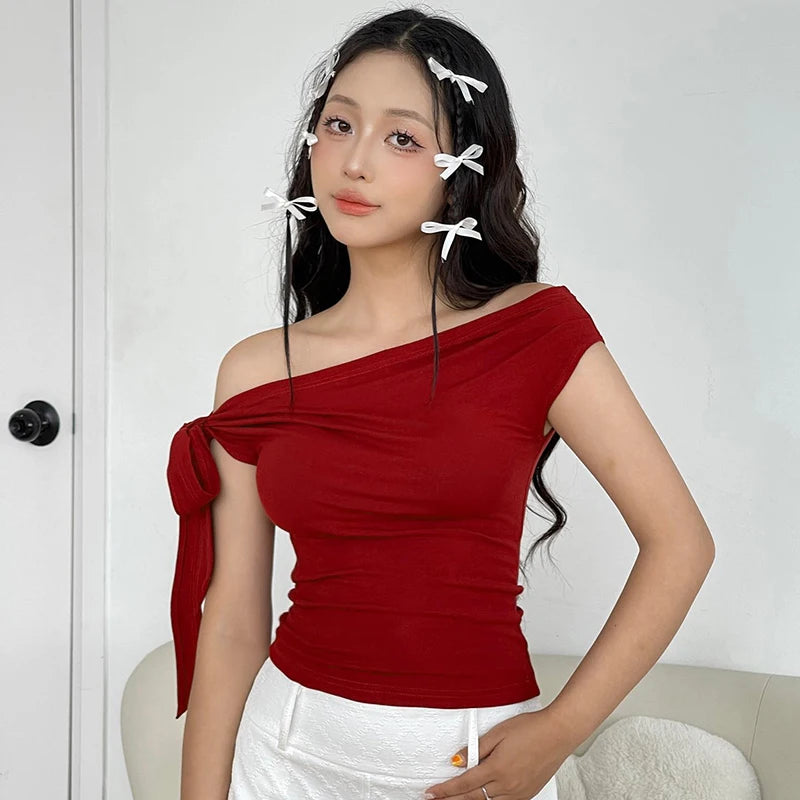 CUTENOVA 2024 Women'S Summer Ins Style New Shrink Pleated One-Shoulder Crop Top Backless Twist Tie Asymmetric T-Shirt Casual Top - reetell