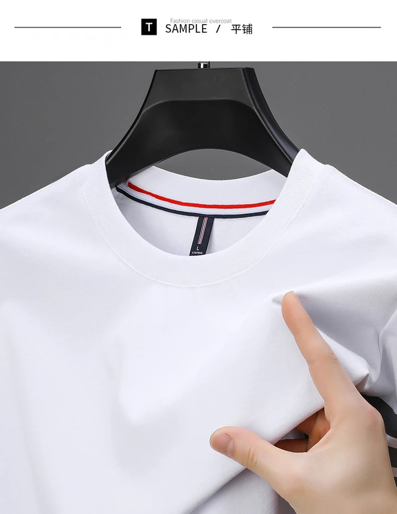 2024 New 100% Cotton T-shirt High end Brand Men Summer Fashion Korean Stripe Print Short Sleeve Hem Split Half Sleeve Men's Wear - reetell