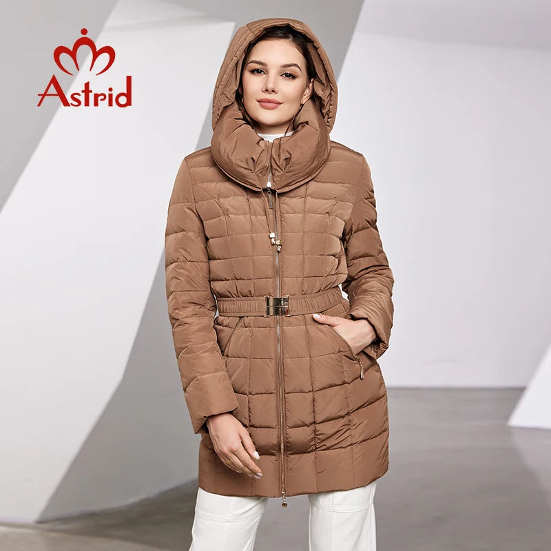 Astrid 2023 New Women's Winter Jacket Hooded Belt Long Parkas Warm Padding Puffer Plaid Quilted Coat Down Jacket Thick Snow Wear