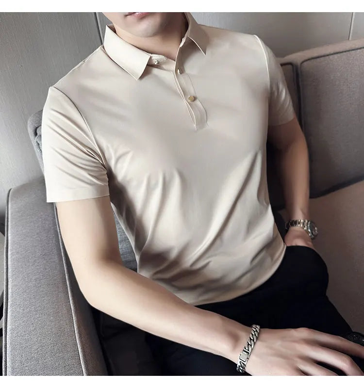 Ice Silk Traceless T-shirt Men's  Business Casual Solid Color Half Sleeve High Elasticity Top Silk Smooth Breathable POLO Shirt