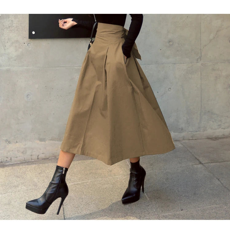 Skirts Womens Korean Fashion Solid Color Big Swing Ladies Skirt Long Skirt 2022 Autumn Wild High Waist Bow Slim Skirts - reetell