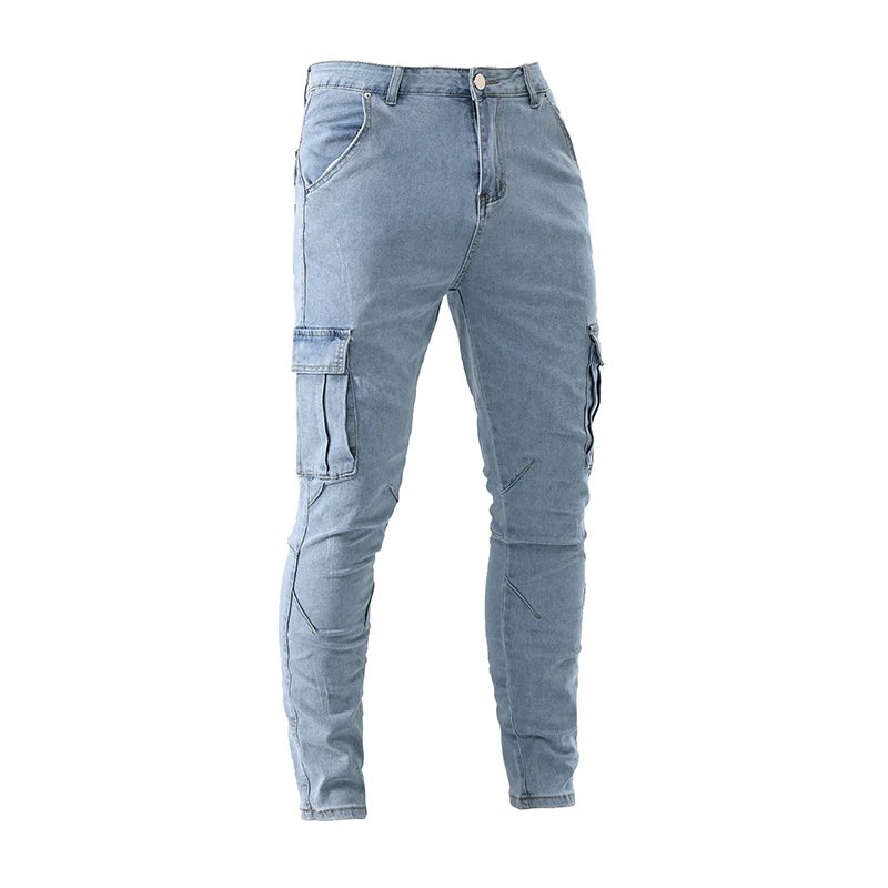 Men's Fahsion Elastic Slim Fit Jeans Men Cargo Denim Pants Solid Color Multi Pockets Casual Skinny Male Trousers mens clothing