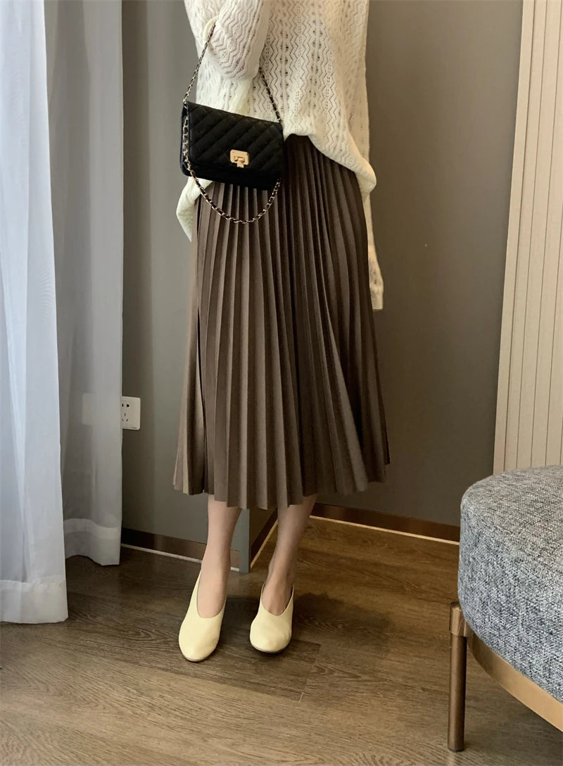 2023 Women Elegant Pleated Skirt High Waist Women Mid-long Skirt Female Ladies High Quality Women Midi Skirt Black Saia - reetell