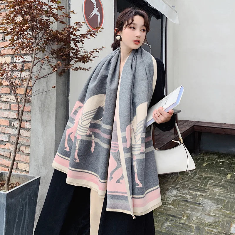 Women's Autumn Winter Horse Pattern Scarf New Luxury Cashmere Feeling Large Blanket Wrap Soft Warm Brand Shawl Retro & Classical - reetell