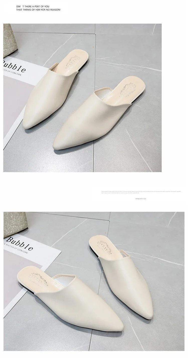 Women Spring Summer Slippers Mules Soft Leather Pointed Toe Slip On Sandalias Soild Mature Fashion Casual Low-heeled Shoes Mujer