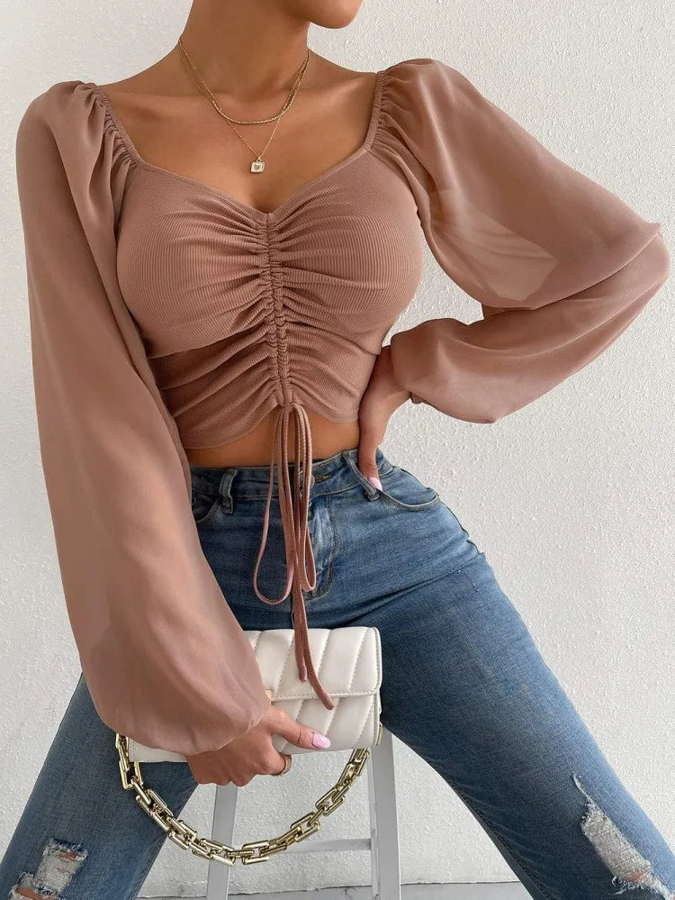 2023 Woman’s Tops Puff Sleeve Sexy Close-Fitting Summer and Spring Lace up V-neck Fashion Solid Color Simple Long Sleeve Hot - reetell