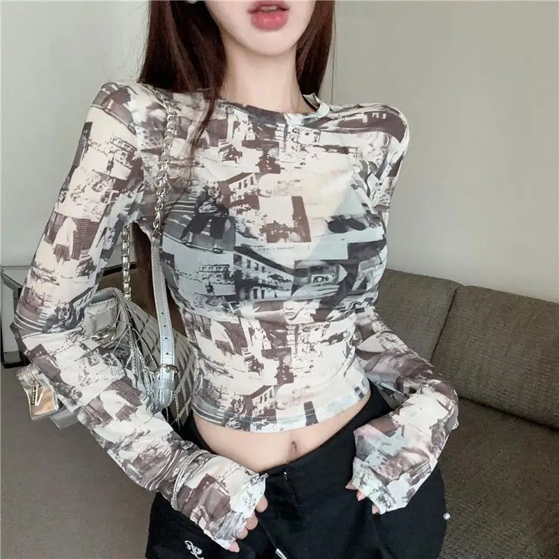 American Style Vintage Crew Neck Long Sleeve T-Shirts Women's Summer Hotsweet Geometric Printing Thin Gauze Short T-Shirt Tops - reetell