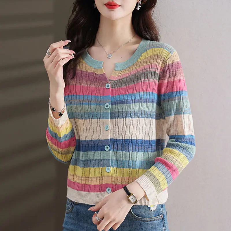 Fashion Women Clothing Colorful Striped Cardigan Sweater Spring Autumn New Korean Versatile Casual Long Sleeve Knitted Coats - reetell