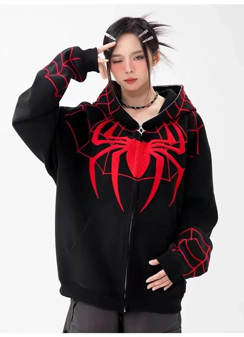 Gothic Y2k Anime Embroidery Zipper Spider Hoodies Men Sweatshirt Clothes Harajuku Oversize Hip Hop Long Sleeve Hoodie Men Women - reetell