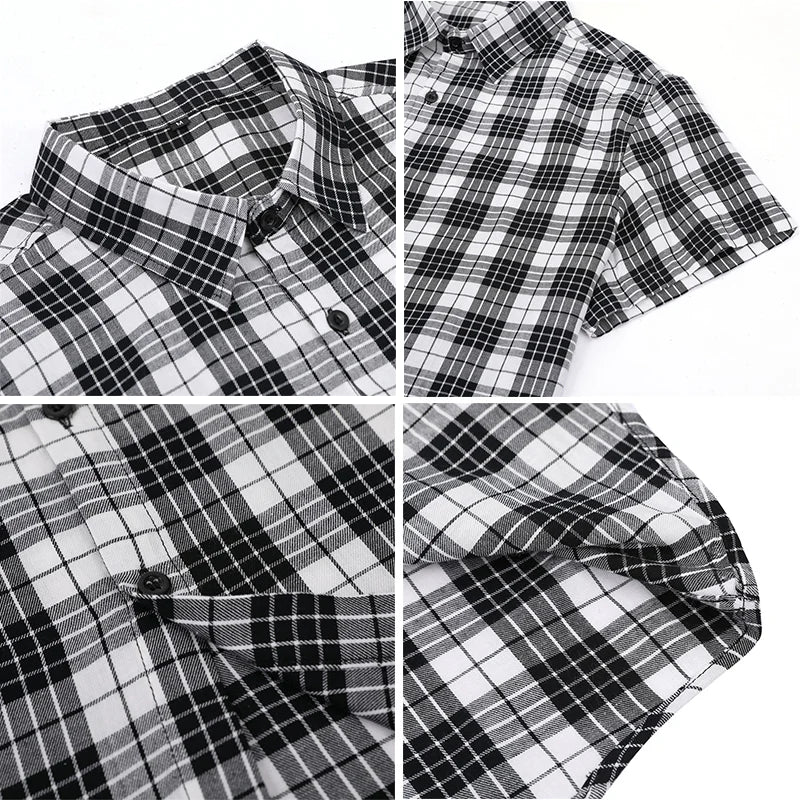 2023 New Men Casual Plaid Flannel Shirt Short Sleeved Chest With Pocket Design Fashion Printed-Button (USA SIZE S M L XL 2XL)