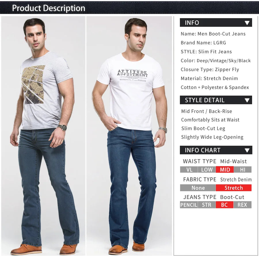 Mens Boot Cut Jeans Slightly Flared Slim Fit Blue Black Trousers Designer Classic Male Stretch Denim Pants - reetell