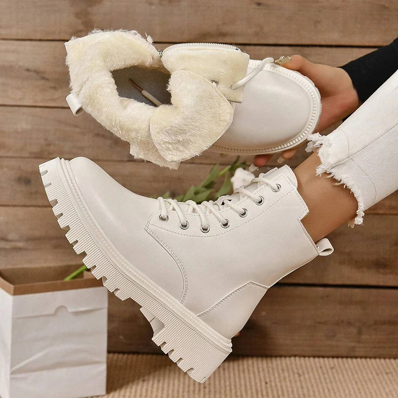 Winter Warm Short Plush Ankle Boots Women Fashion Zip Lace Up Platform Combat Boots Woman Comfy Low Heels Pu Leather Botas Mujer