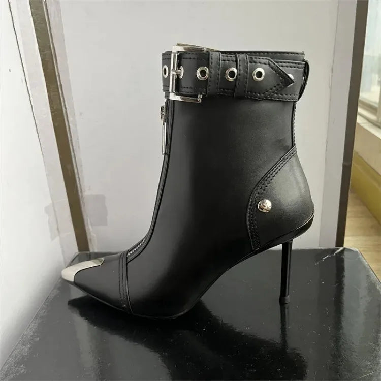 Belt Buckle Front Zipper Fashion Show Short Boots Women's Autumn Winter New Pointed Metal Decoration Red High Heels Ankle Boots