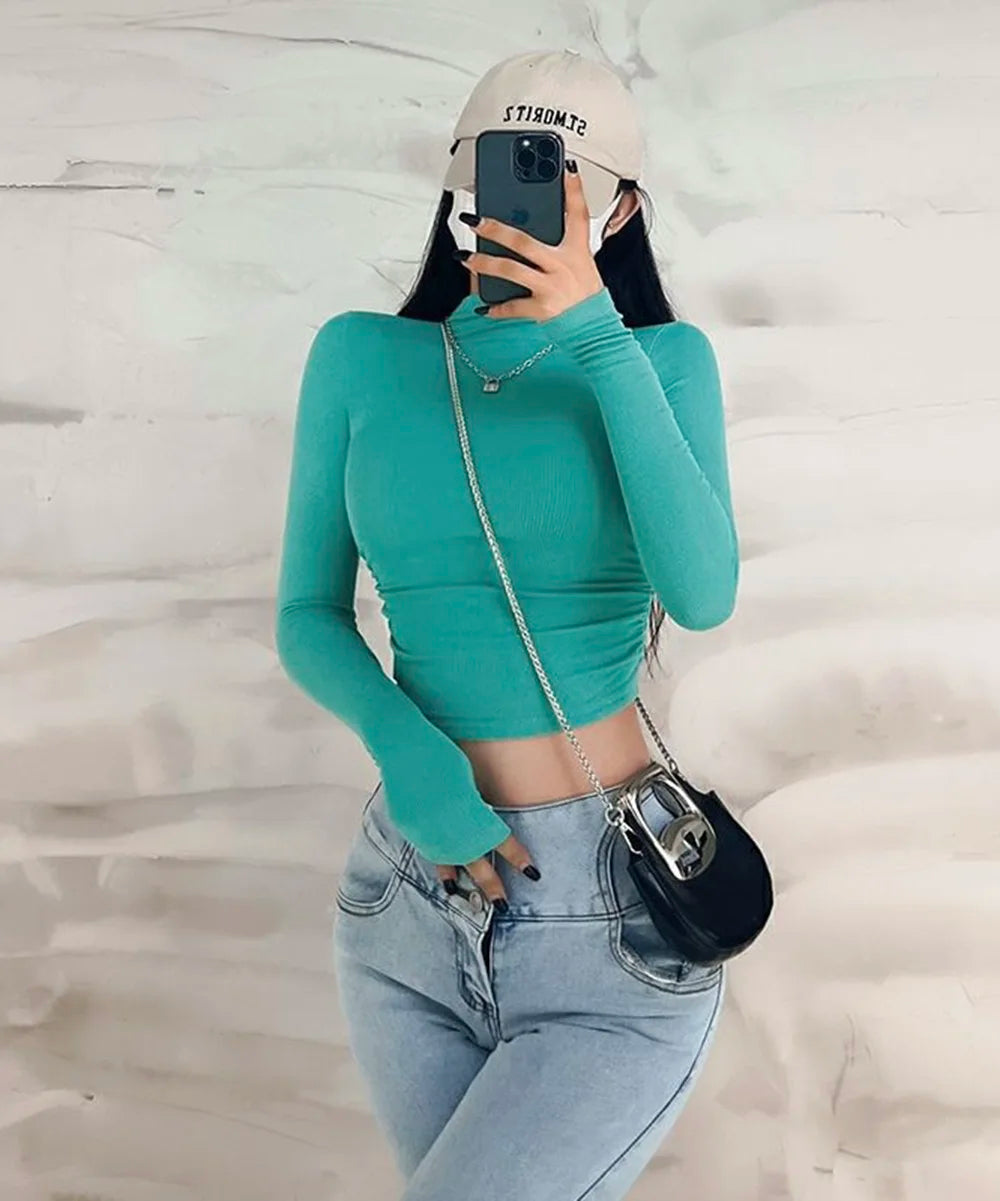 Womens Long Sleeve Turtleneck T Shirts Ribbed Tight Knit Sexy Slim Fitted Casual Women's Basic Crop Tops Cropped T-Shirt - reetell