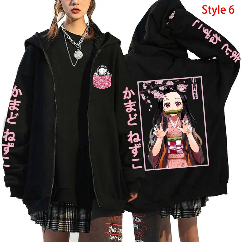 Autumn/Winter New Kamado Nezuko Hoodie Women Casual Personality Zipper Hooded Pullovers Coat Streetwear Fashion Anime Sweatshirt - reetell