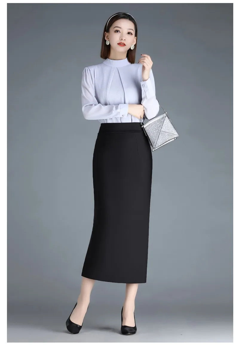 Stretch Pencil Skirts for Women, Office Lady, Formal Black Midi Skirts, Elegant Female Package Hip Skirts, Spring and Autumn - reetell