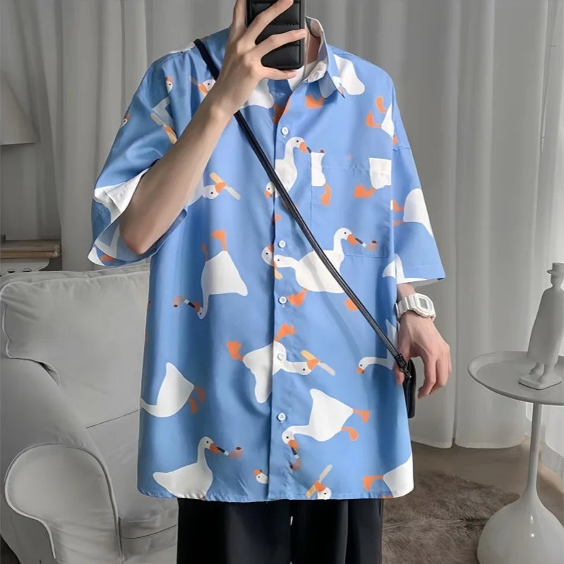 Men's Summer Thin Short Sleeve Shirt Loose Fit Casual Versatile Tops Fashion Goose Print Button Pockets Hawaiian Beach Shirt - reetell