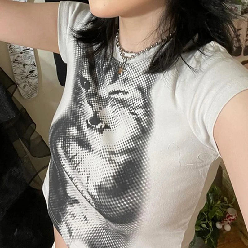 CIBBAR Harajuku Animal Print Crop Top Basic White Short Sleeve Crewneck T-shirt Women Casual Slim-fitting Tees Lady y2k Vintage - reetell