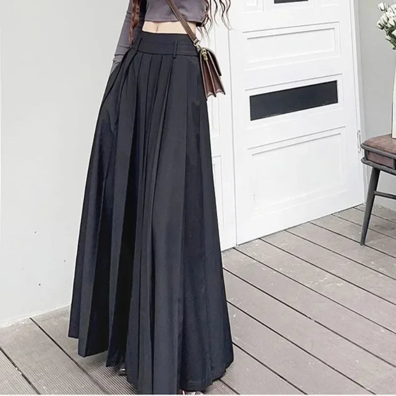 TFETTERS Black Maxi Skirt 2024 Spring/Summer New Low Waist Long Skirts Fashion Retro Casual Pleated Skirts for Women - reetell