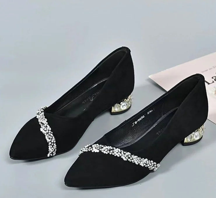 Women's Summer Footwear Diamond Shoes for Woman 2024 Rhinestone Office Low Heel Elegant with Crystals Black Stylish on Promotion