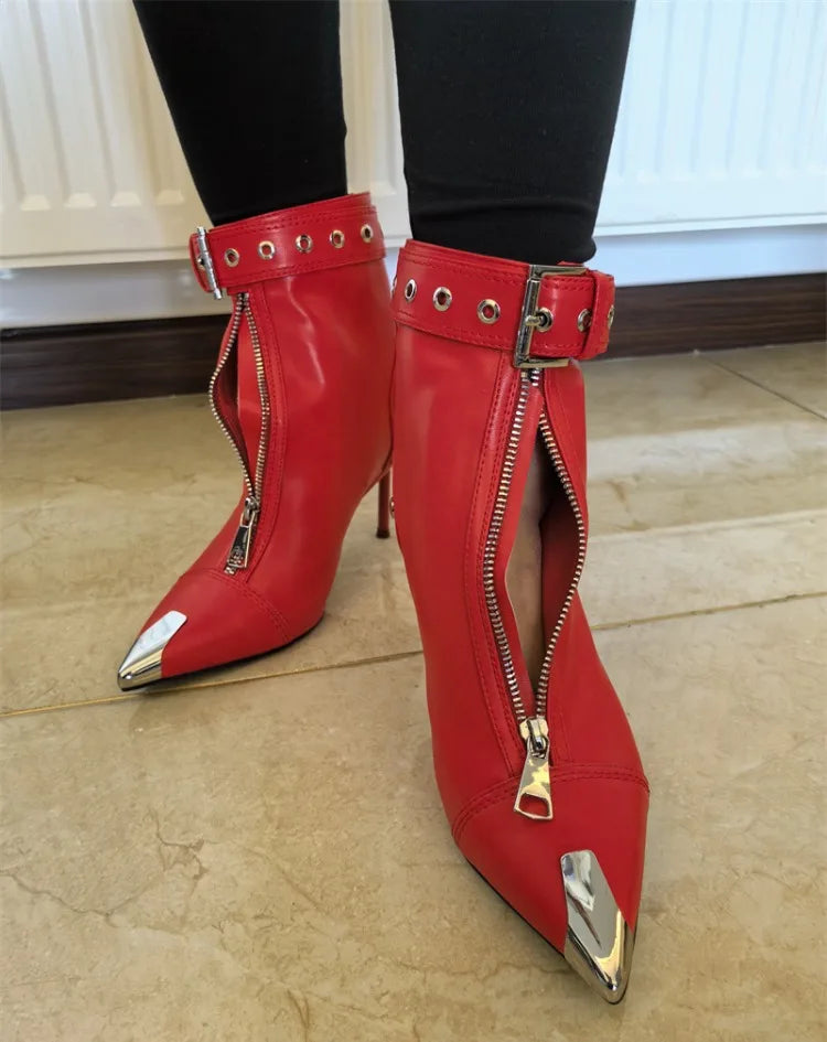 Belt Buckle Front Zipper Fashion Show Short Boots Women's Autumn Winter New Pointed Metal Decoration Red High Heels Ankle Boots