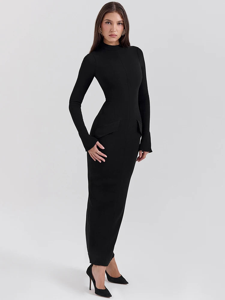 Mozision Black Long Sleeve Sexy Maxi Dress For Women Autumn Winter New O Neck Two Pocket Back Split Bodycon Long Dress Elegant - reetell