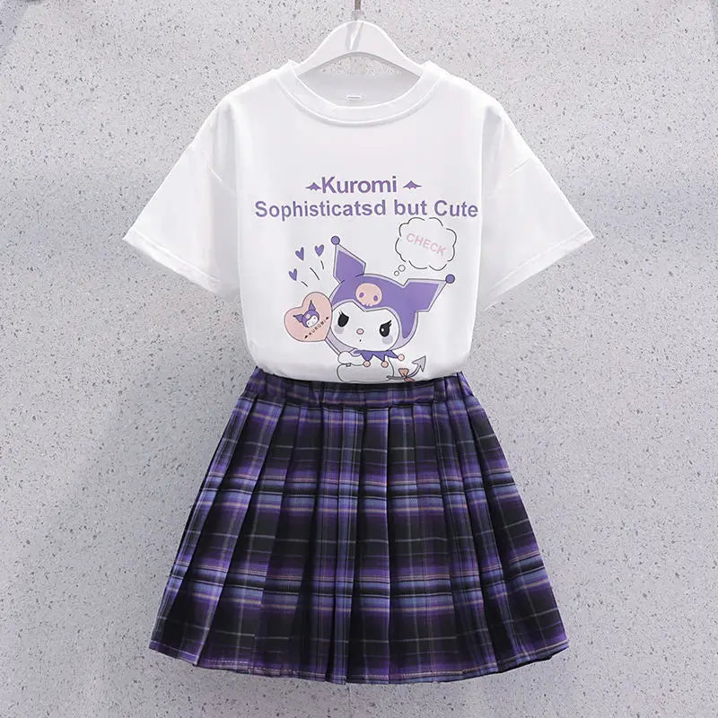 Sanrio New Girls Pleated Skirt T-Shirt Set Kuromi Summer Cute Skirt Set Jk College Style Fashion Clothing Set Holiday Gift - reetell