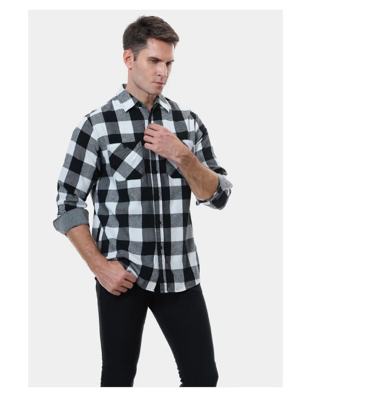 2023New Men Casual Plaid Flannel Shirt Long-Sleeved Chest Two Pocket Design Fashion Printed-Button