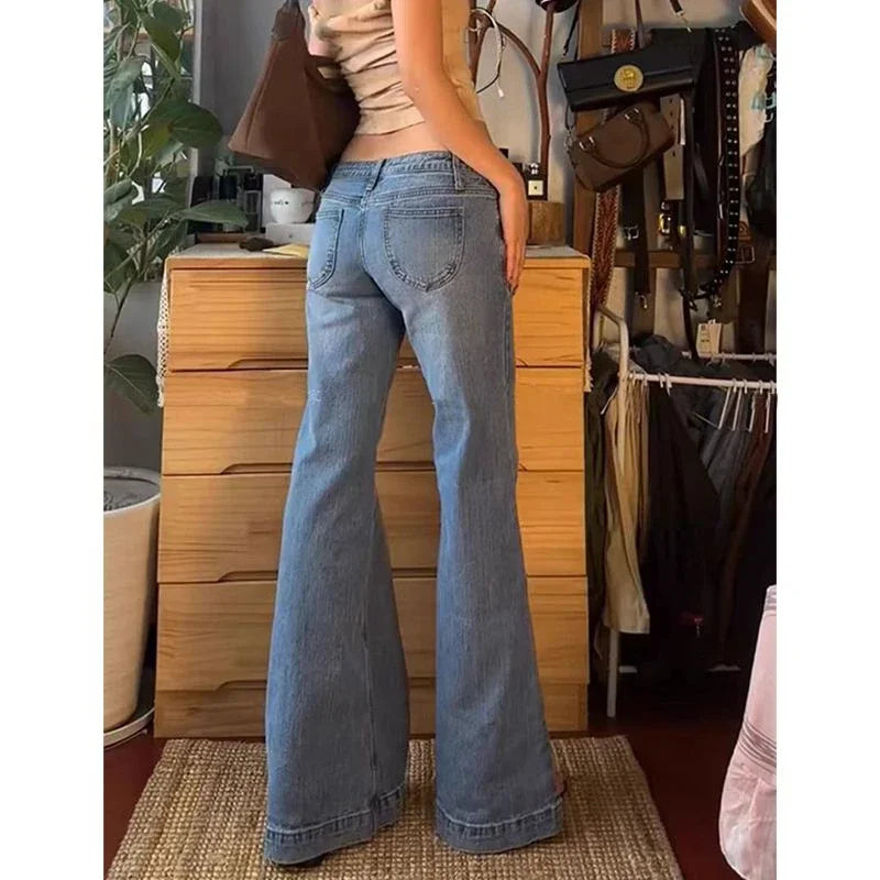 Women's Retro Washed Low Waisted Flared Jeans 2024 New Chic Casual Wide-leg Pants Female Sexy Denim Bell-bottoms Trousers Y2K - reetell