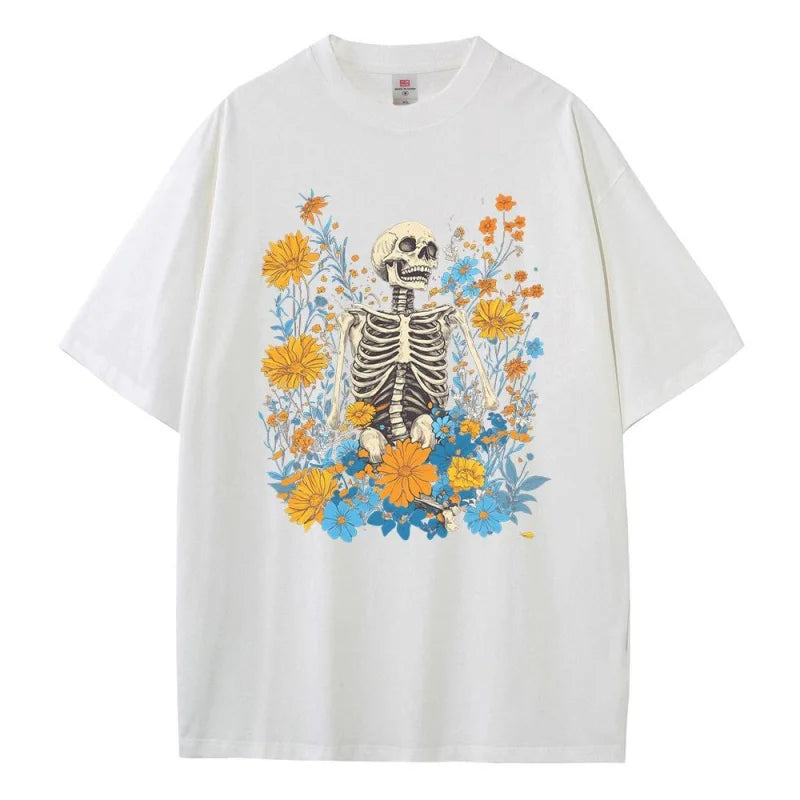 T shirt baggy style pure cotton drop shoulder unisex tops Garden Centre skeleton vintage graphic t shirts breathable print