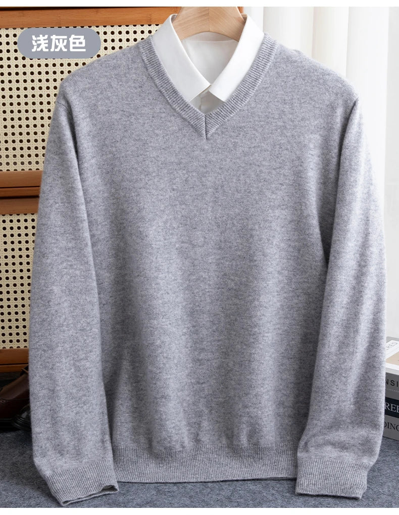 Men 100% Merino Wool Sweater V-Neck Pullover Autumn Winter Cashmere Warm Solid Knitwear Clothes Business Bottoming Soft Tops - reetell