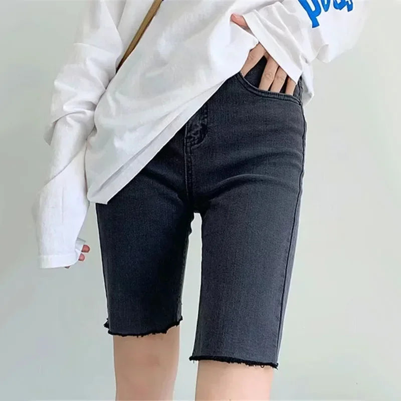 Women High Waist Denim Shorts 2024 Summer Thin Ladies Stretch Skinny Jean Short Pants Solid Color Female Casual Biker Shorts - reetell