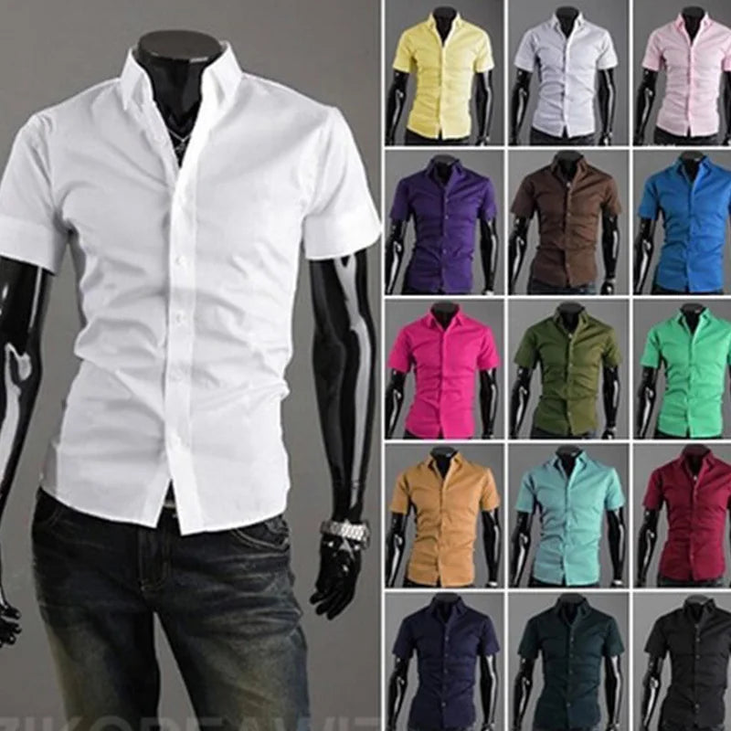 Men's Summer Korean Fashion Slim Fit Shirt Casual Social Business Dress Brand Shirts For Men Top Quality Short Sleeve 20 Colors