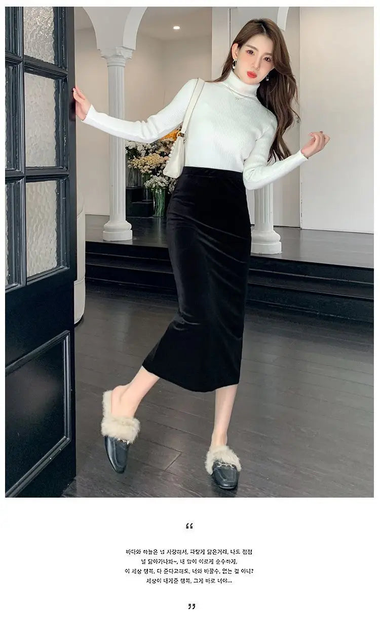 Elegant Velvet Black Long Skirts Women Autumn Winter High Waist Faldas Korean Fahion Clothing Office Ladies Bodycon Midi Skirt - reetell