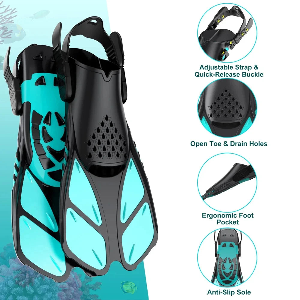 Snorkel Fins Adjustable Buckles Swimming Flippers Short Silicone Scuba Diving Shoes Open Heel Travel Size Adult Men Womens - reetell