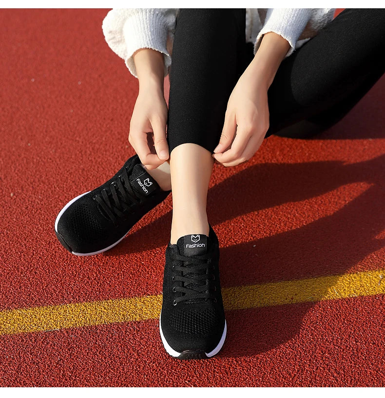 Women Casual Shoes Breathable Walking Mesh Lace Up Flat Shoes Sneakers Women Tenis Feminino Pink Black White - reetell