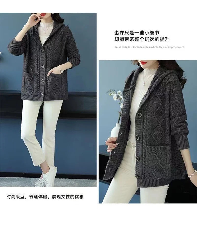 Hooded Sweater Spring And Autumn Mother Sweater Jacket Female Jacket 2023 New Loose Pocket Zipper Knitted Cardigan Mom HoodyCoat - reetell