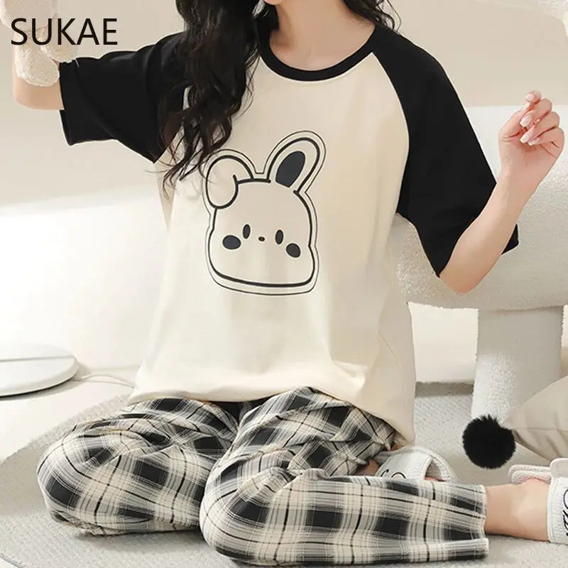 SUKAE Summer Women Pajamas Set Plus Size M-5XL Cotton Women's Pajama Short Sleeves Nightwear Sleepwear Korean Pijamas for Girl