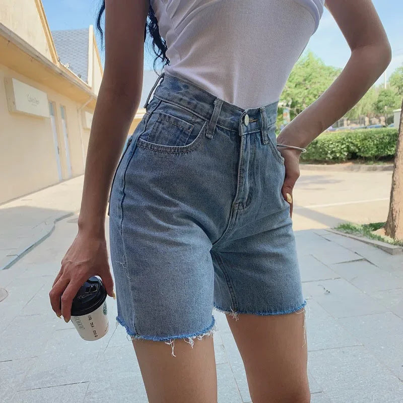 Women High Waist Wide Leg Denim Shorts Tassel 2024 Summer Fashion Streetwear Casual Solid Color Female Loose Straight Jeans - reetell