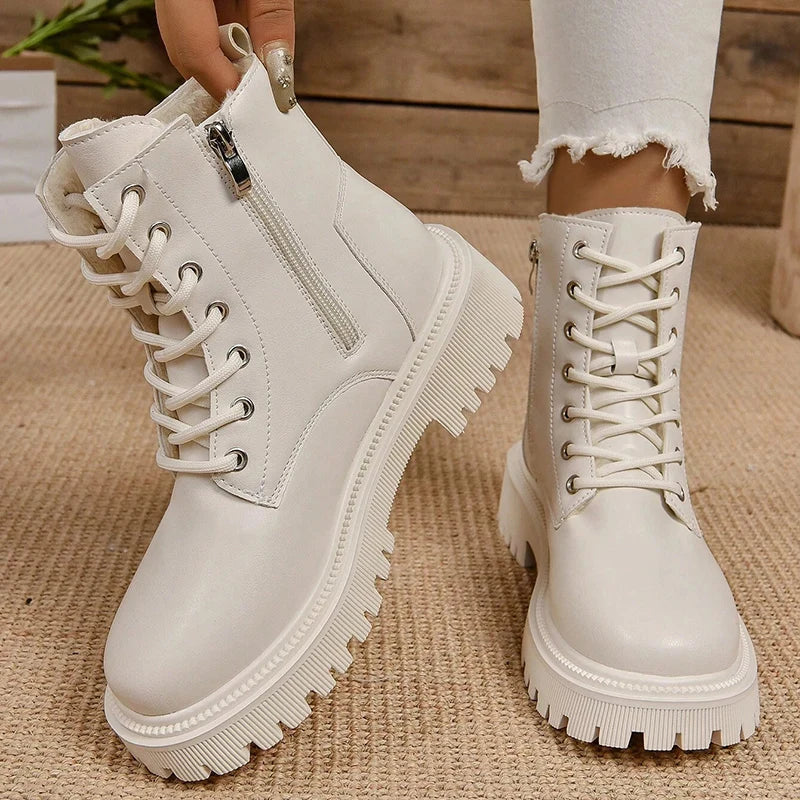 Winter Warm Short Plush Ankle Boots Women Fashion Zip Lace Up Platform Combat Boots Woman Comfy Low Heels Pu Leather Botas Mujer