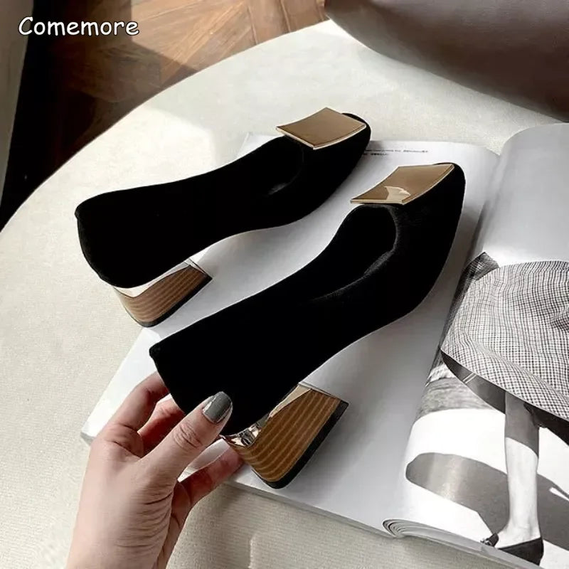 Comemore Trend 2023 Square Heels Women's Summer Footwear Office Black Medium Heel Casual Pumps Slip-on Luxury Shoes for Woman 34