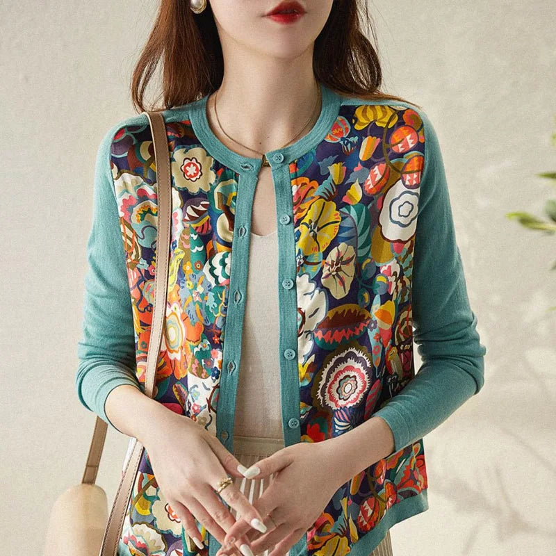 2023 Spring Autumn Round Neck Fashion Printing Sweater Women High Street Casual Long Sleeve Button All-match Elegant Cardigan - reetell