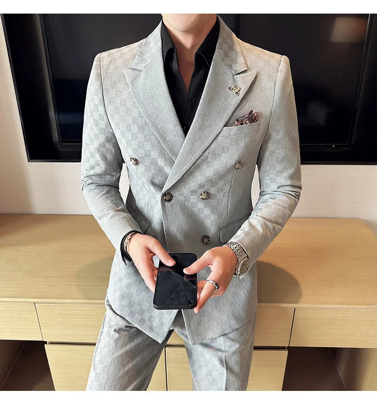 (Jacket+Pants) 2 Pieces Blue Apricot Business Party Men Suits Double Breasted Formal Style Custom Made Wedding Groom Tuxedos - reetell