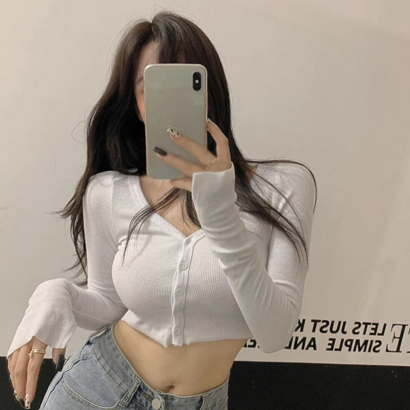 Women T-Shirts Long Sleeve Stretchy V-Neck All-Match Ladies Crop Tops Streetwear Korean Style - reetell